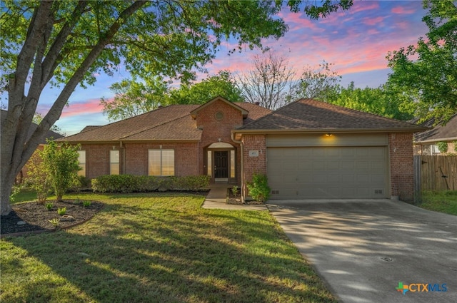 453 Raven Rdg, New Braunfels, TX 78130 - ranch-style home featuring a garage, brick siding, concrete driveway, and roof with shingles
