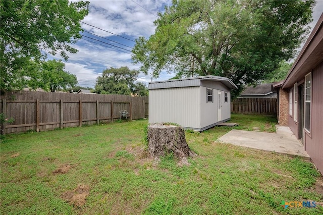 view of yard with a patio and a shed