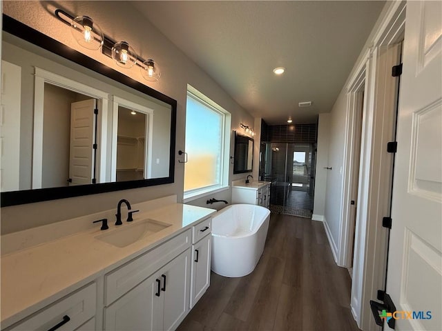 4015 Prairie Dr, Nolanville, TX 76559 - full bathroom featuring a shower stall, vanity, wood finished floors, a soaking tub, and a walk in closet