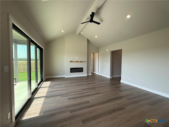 4015 Prairie Dr, Nolanville, TX 76559 - unfurnished living room featuring ceiling fan, beamed ceiling, dark wood-style flooring, baseboards, and a glass covered fireplace