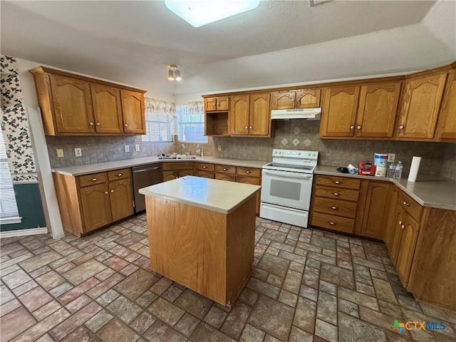 kitchen featuring white electric stove, light countertops, brown cabinetry, dishwasher, and under cabinet range hood