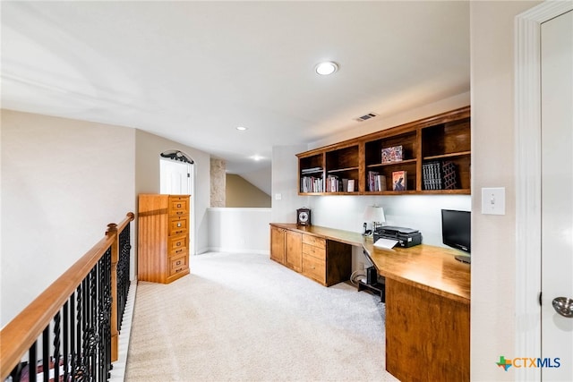 9063 Schoenthal Rd, San Antonio, TX 78266 - office with built in desk, light carpet, recessed lighting, and vaulted ceiling
