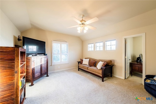 9063 Schoenthal Rd, San Antonio, TX 78266 - living room featuring light colored carpet, ceiling fan, and lofted ceiling