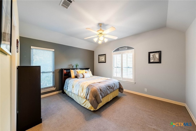9063 Schoenthal Rd, San Antonio, TX 78266 - bedroom featuring carpet, vaulted ceiling, and ceiling fan