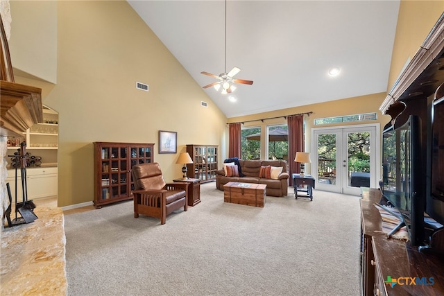 9063 Schoenthal Rd, San Antonio, TX 78266 - living room featuring high vaulted ceiling, carpet floors, ceiling fan, and french doors