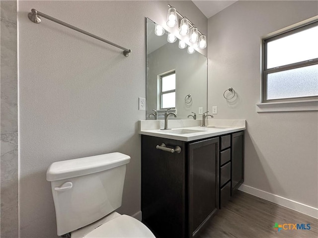 bathroom with vanity, hardwood / wood-style floors, and toilet