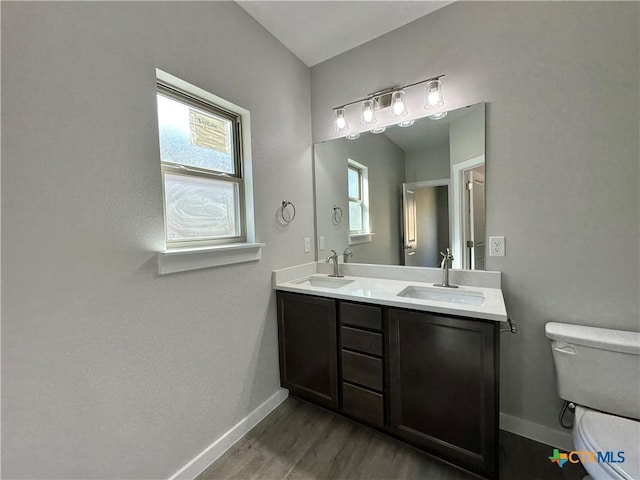 bathroom with vanity, hardwood / wood-style flooring, and toilet