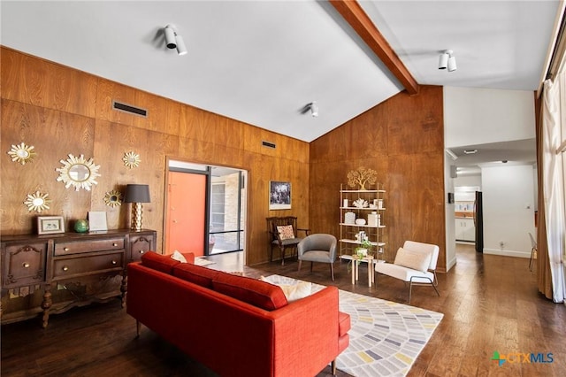 2506 Bon Aire Ave, Victoria, TX 77901 - living area featuring hardwood / wood-style floors, wooden walls, beamed ceiling, and high vaulted ceiling