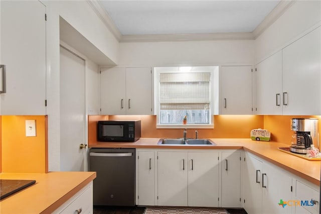 2506 Bon Aire Ave, Victoria, TX 77901 - kitchen featuring dishwasher, black microwave, a sink, light countertops, and crown molding
