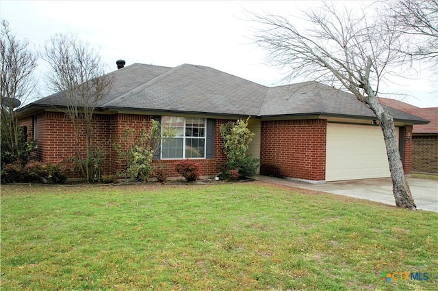 single story home featuring a garage, brick siding, concrete driveway, roof with shingles, and a front lawn