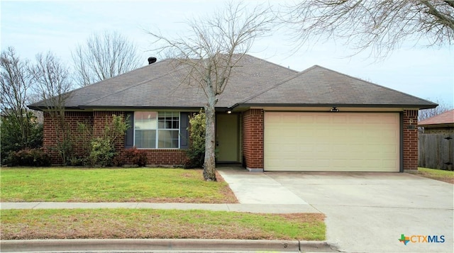 ranch-style house with a front yard, brick siding, driveway, and an attached garage