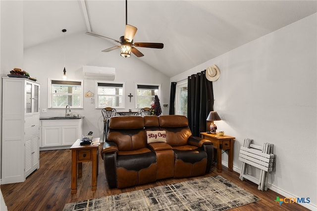 living room featuring dark wood-type flooring, ceiling fan, lofted ceiling, and an AC wall unit