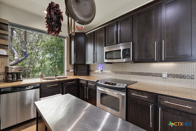 kitchen featuring dark brown cabinetry, sink, decorative backsplash, and appliances with stainless steel finishes