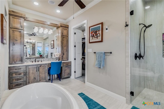 bathroom with a tub to relax in, a ceiling fan, crown molding, vanity, and a shower stall