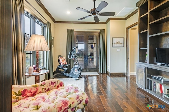 bedroom with access to outside, ceiling fan, crown molding, dark wood-type flooring, and french doors