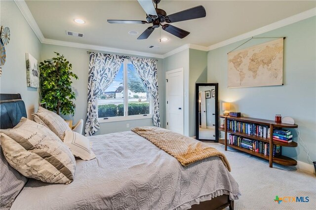 bathroom with crown molding, ceiling fan, backsplash, vanity, and separate shower and tub