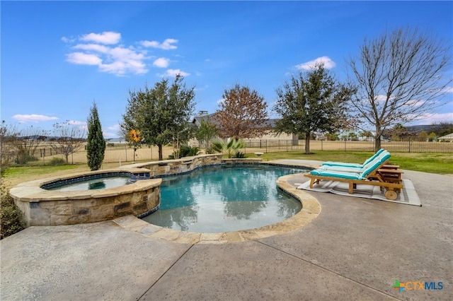 view of swimming pool with a patio area, a fenced backyard, and a pool with connected hot tub