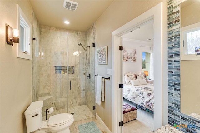 ensuite bathroom with a stall shower, visible vents, toilet, ensuite bathroom, and recessed lighting