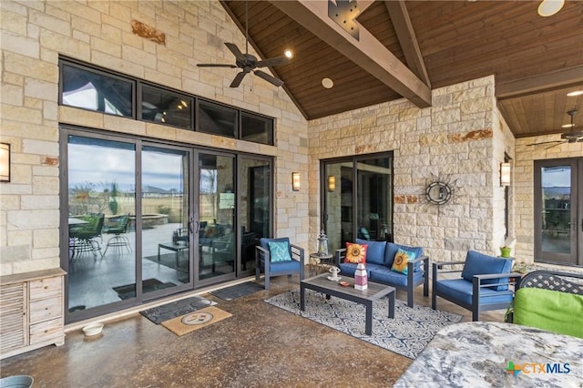 view of patio / terrace with outdoor lounge area, french doors, and ceiling fan