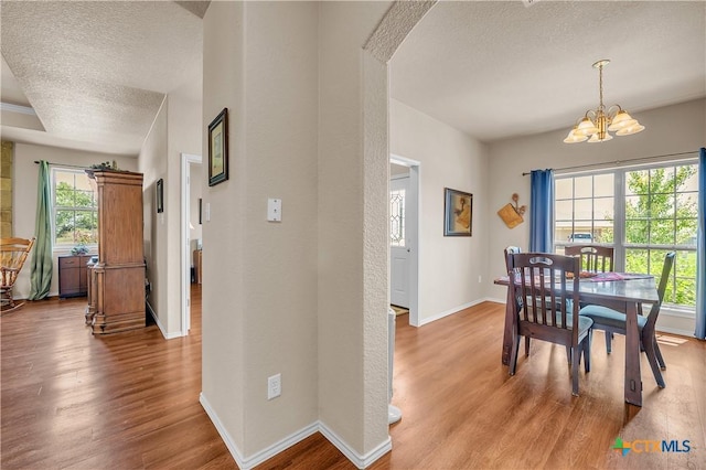 dining area featuring hardwood / wood-style flooring, a wealth of natural light, and a chandelier