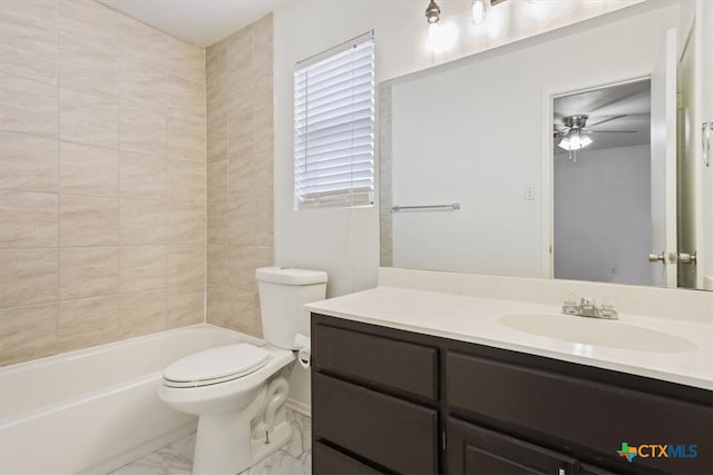 full bathroom featuring ceiling fan, vanity, toilet, and shower / bath combination