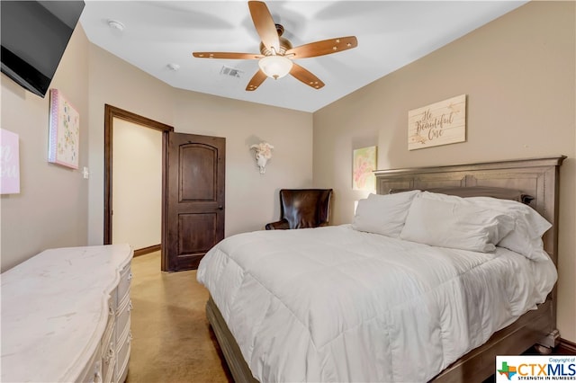 bedroom featuring ceiling fan and light colored carpet