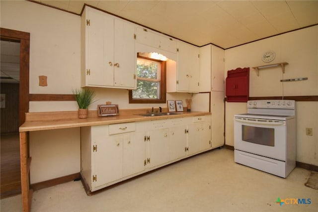 kitchen with light countertops, white cabinetry, white electric stove, and a sink
