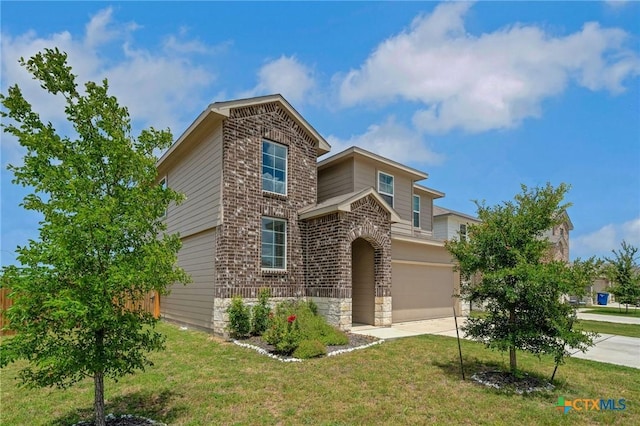 390 Lost Maples, New Braunfels, TX 78130 - traditional home featuring an attached garage, brick siding, a front yard, and concrete driveway