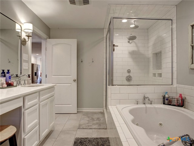 full bathroom with a shower stall, tile patterned floors, a whirlpool tub, visible vents, and vanity