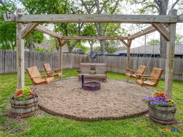 view of patio featuring a fenced backyard and a fire pit