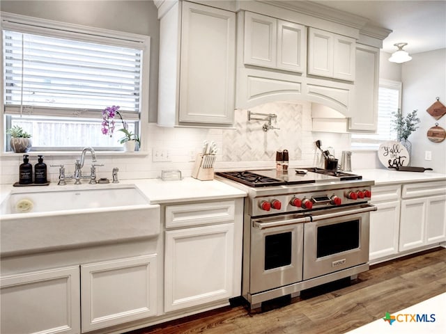 kitchen with wood finished floors, white cabinetry, decorative backsplash, and range with two ovens