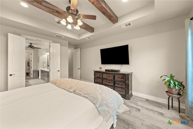 bedroom featuring visible vents, light wood-style flooring, baseboards, and beamed ceiling