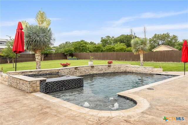 view of swimming pool with a fenced backyard, a fenced in pool, and a yard