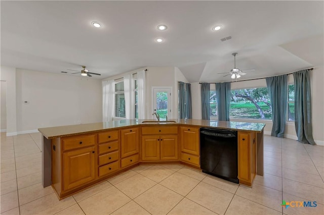 781 Meridian Dr, New Braunfels, TX 78132 - kitchen with black dishwasher, a ceiling fan, a sink, light tile patterned flooring, and recessed lighting