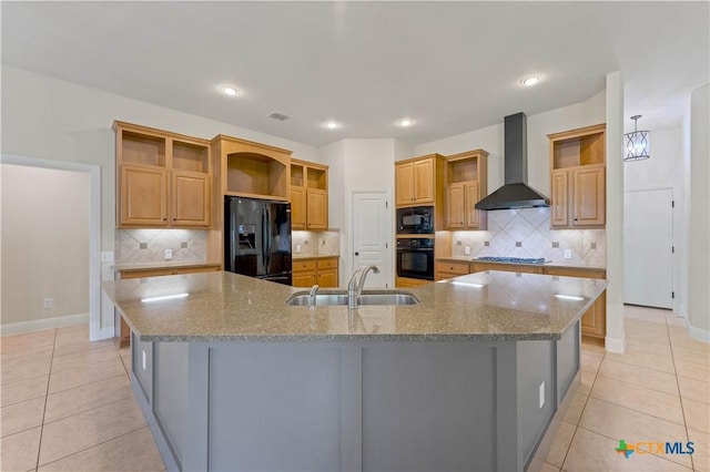 781 Meridian Dr, New Braunfels, TX 78132 - kitchen with open shelves, wall chimney exhaust hood, black appliances, a sink, and a large island