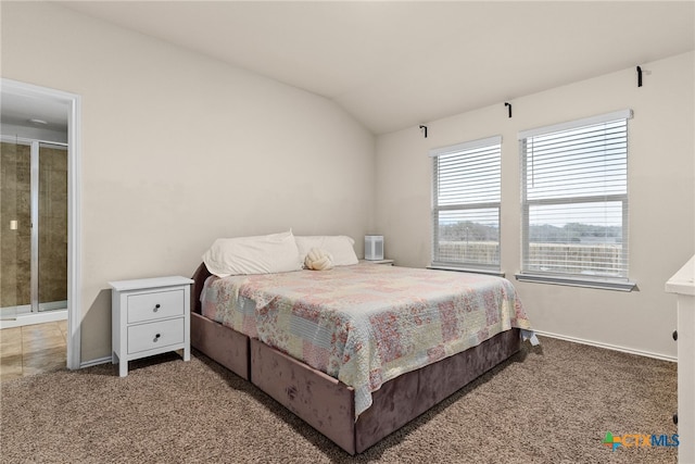 bedroom with lofted ceiling and carpet flooring