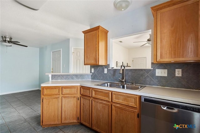 kitchen with a ceiling fan, a peninsula, a sink, dishwasher, and tasteful backsplash