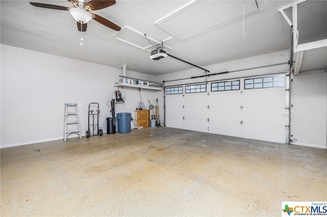 garage with ceiling fan and a garage door opener