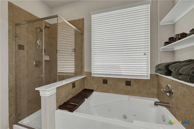 6333 Iris Run, New Braunfels, TX 78132 - bathroom with a stall shower and a jetted tub