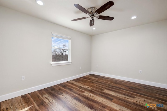 unfurnished room featuring dark wood-type flooring, recessed lighting, baseboards, and ceiling fan