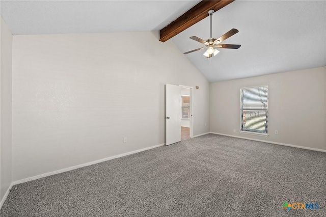 unfurnished bedroom with beamed ceiling, ceiling fan, carpet flooring, and high vaulted ceiling