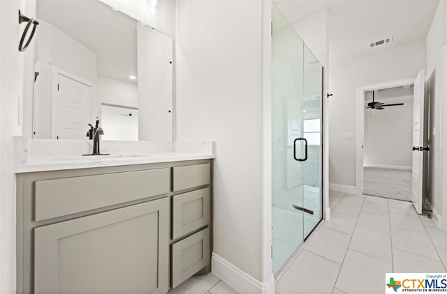 bathroom featuring ceiling fan, tile patterned flooring, vanity, and walk in shower