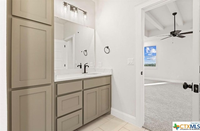 122 Overlook Trl, Copperas Cove, TX 76522 - bathroom featuring ceiling fan, beamed ceiling, vanity, baseboards, and tile patterned flooring