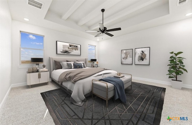 122 Overlook Trl, Copperas Cove, TX 76522 - bedroom with carpet floors, beamed ceiling, baseboards, recessed lighting, and a ceiling fan