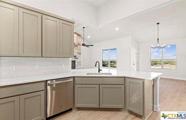 122 Overlook Trl, Copperas Cove, TX 76522 - kitchen featuring dishwasher, a sink, gray cabinetry, a peninsula, and lofted ceiling