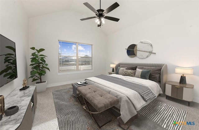 122 Overlook Trl, Copperas Cove, TX 76522 - bedroom featuring carpet flooring, ceiling fan, high vaulted ceiling, and baseboards