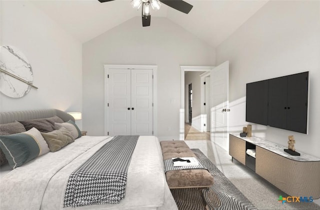 122 Overlook Trl, Copperas Cove, TX 76522 - bedroom featuring lofted ceiling, a closet, a ceiling fan, and light colored carpet