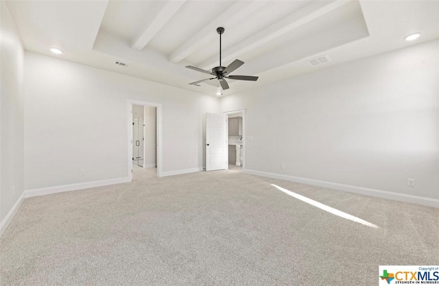 122 Overlook Trl, Copperas Cove, TX 76522 - empty room featuring light colored carpet, a ceiling fan, recessed lighting, baseboards, and beam ceiling