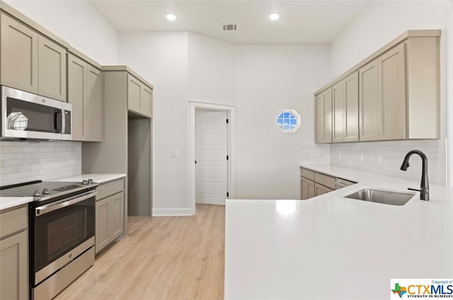 kitchen with decorative backsplash, sink, light wood-type flooring, and appliances with stainless steel finishes