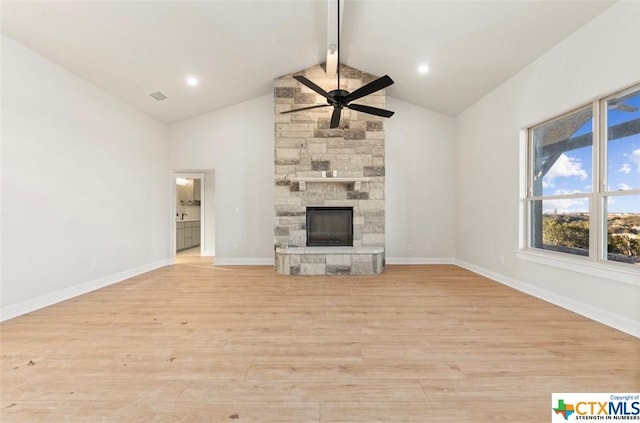 122 Overlook Trl, Copperas Cove, TX 76522 - unfurnished living room featuring ceiling fan, beamed ceiling, light wood-style flooring, a fireplace, and high vaulted ceiling